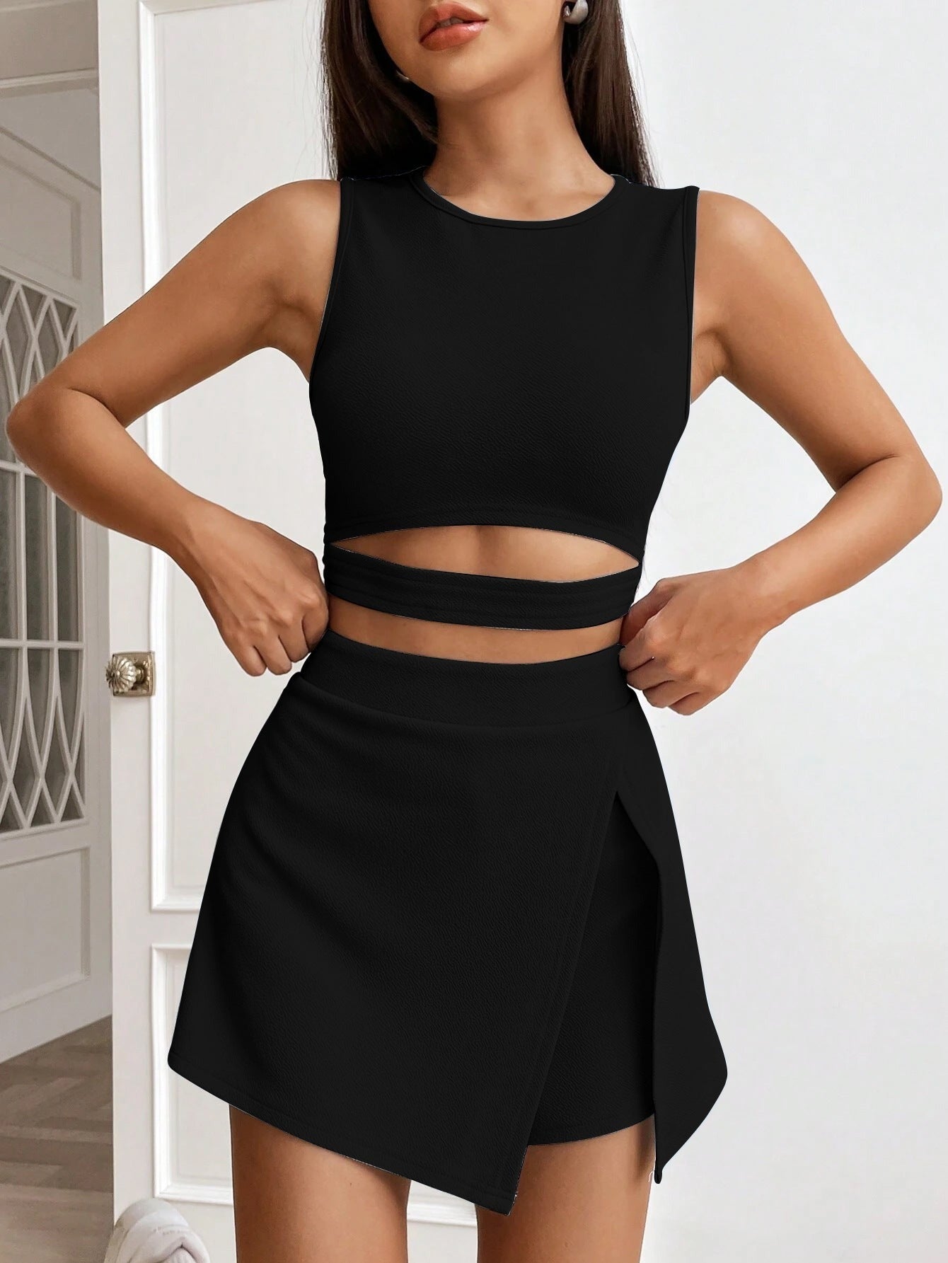 Black Cut Out Crop Top and Skort Set