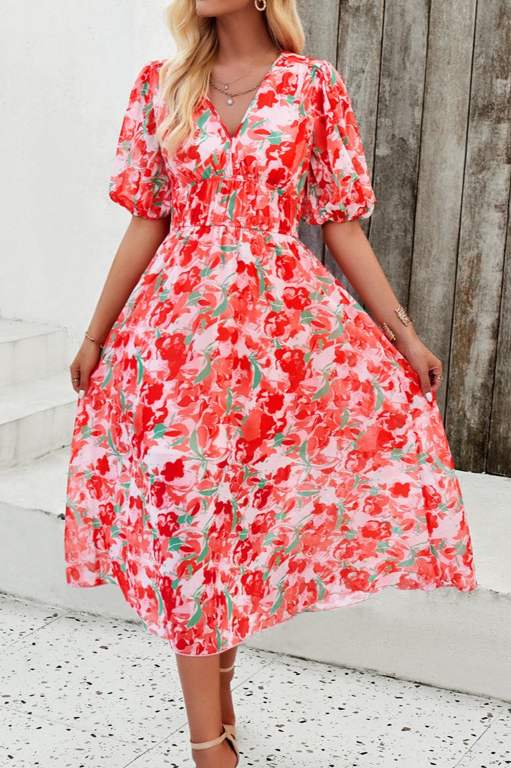 Casual Floral V-Neck Puff Sleeve Midi Dress