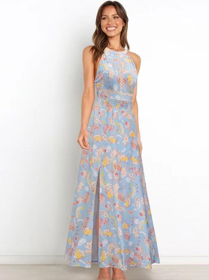 Floral Printed Halter Neck Racer Back Maxi Dress