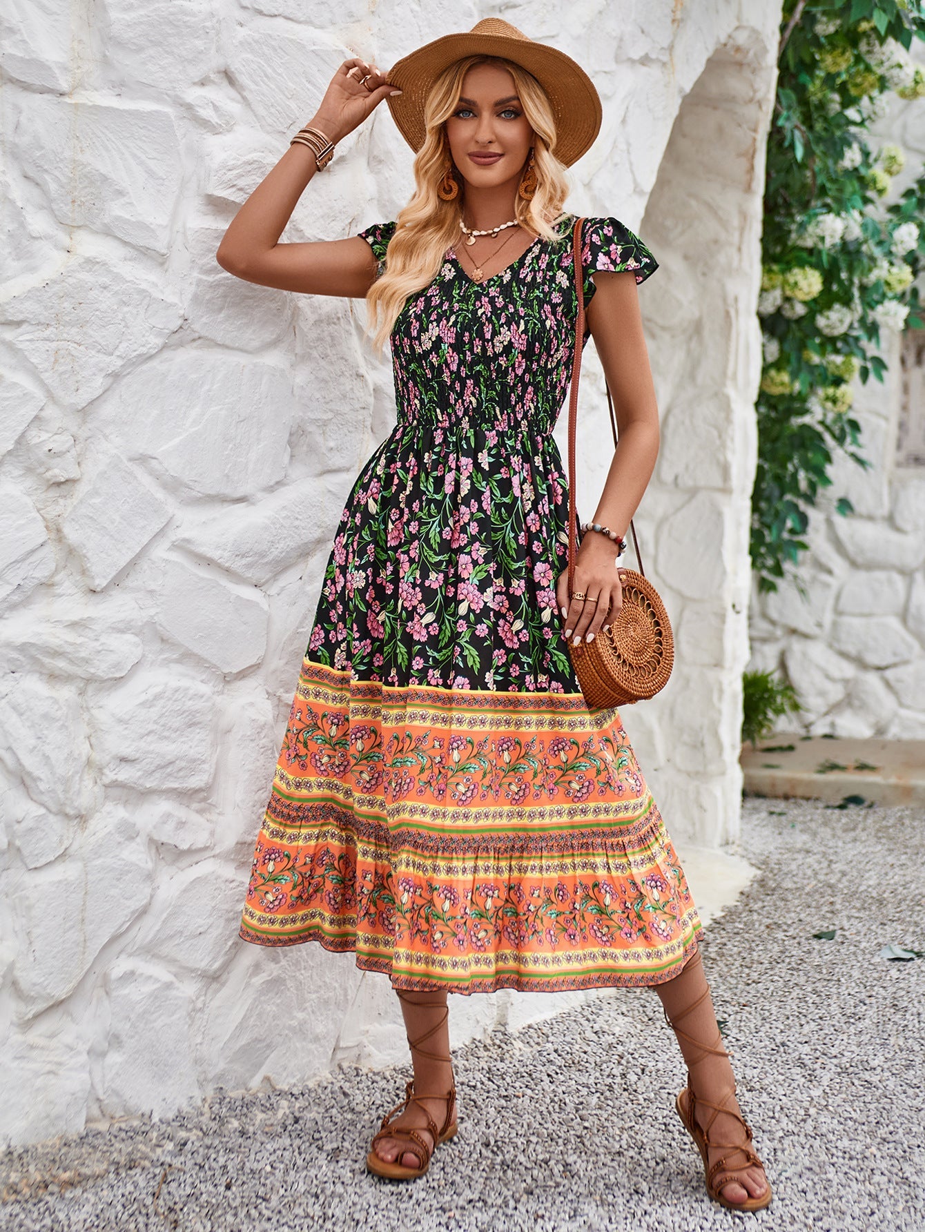 Casual Boho Floral Pleated High Waist Slim Dress