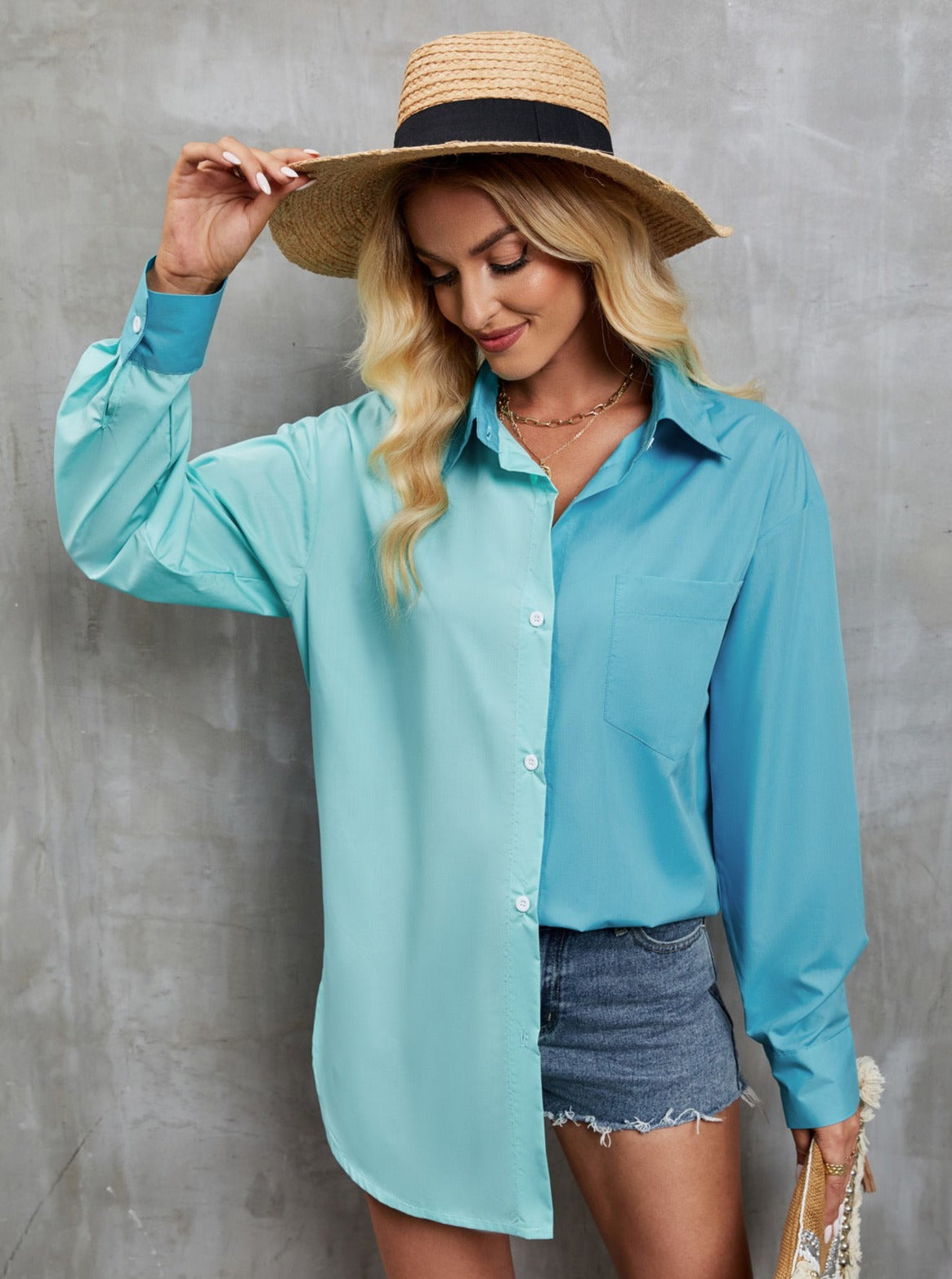 Two Tone Casual Long Sleeve Temperament Shirt