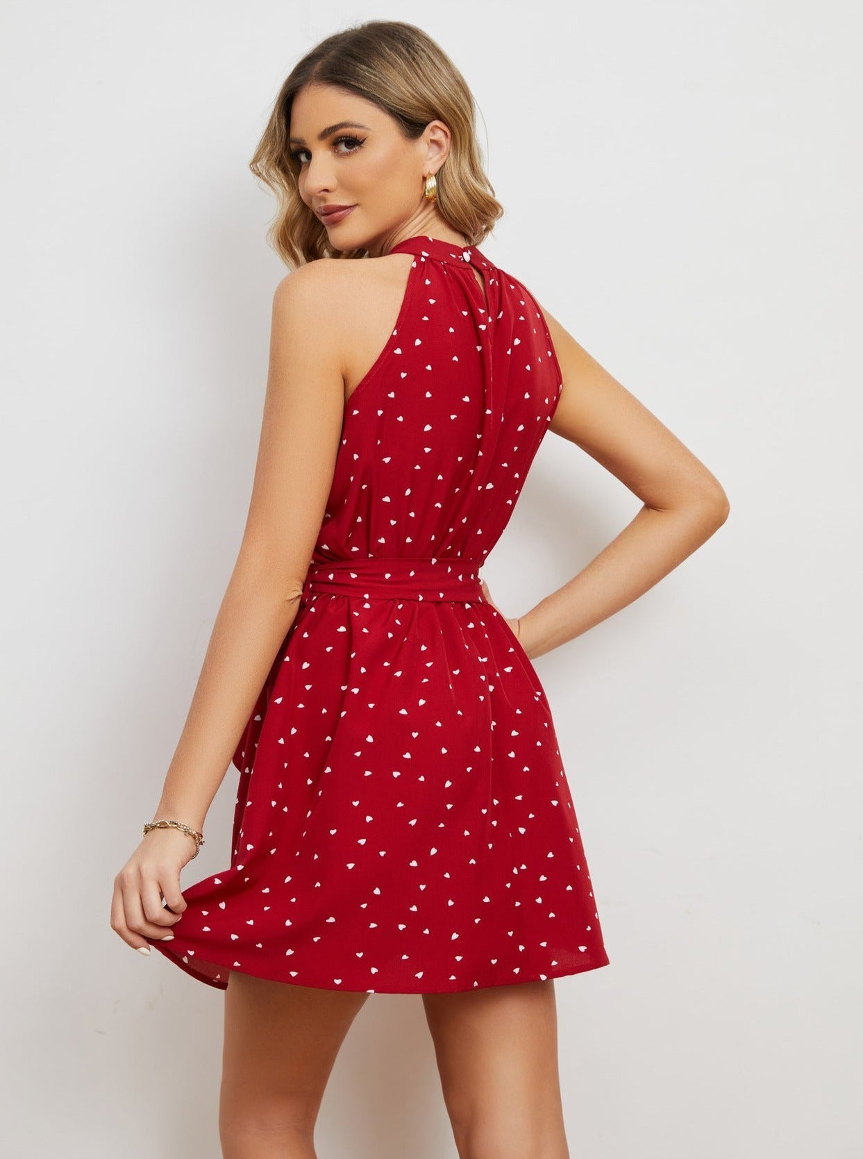 Heart Printed Tie Waist Halter Neck Dress