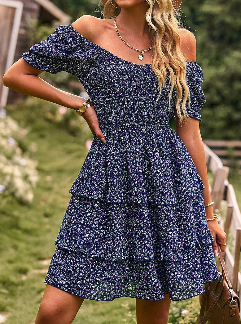 Blue V-Neck Off Shoulder Floral Printed Cake Skirt Dress