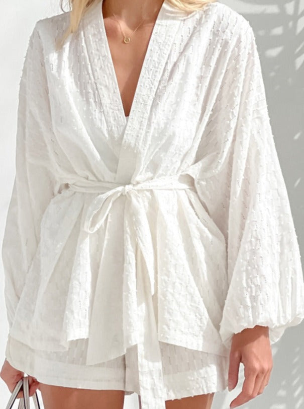 White Jacquard V-Neck Robe Two-Piece Set