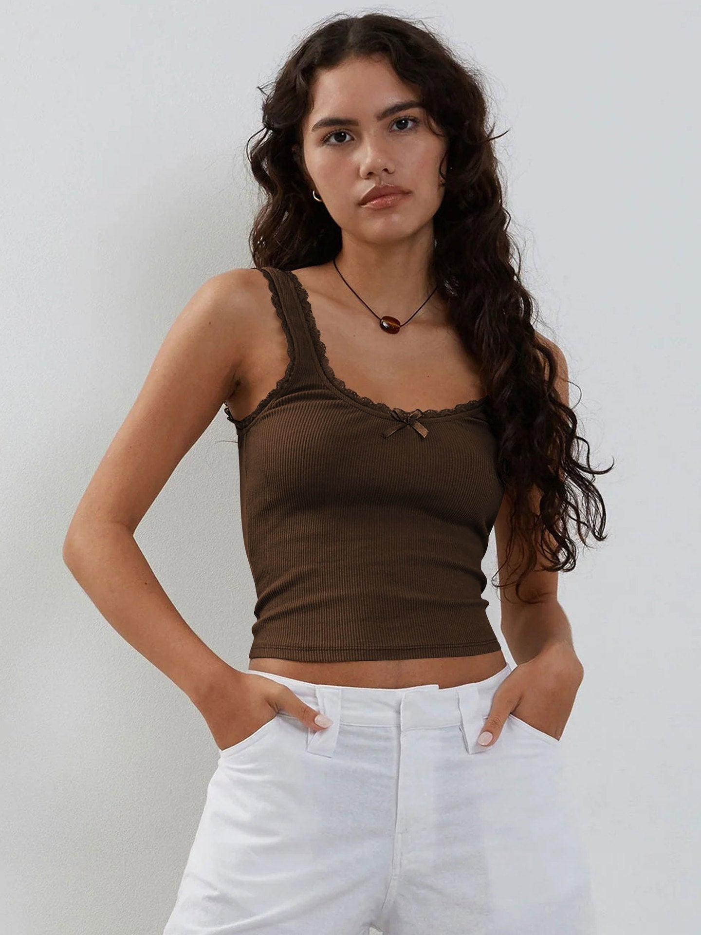 Brown Tank Lace Sleeveless Crop Top