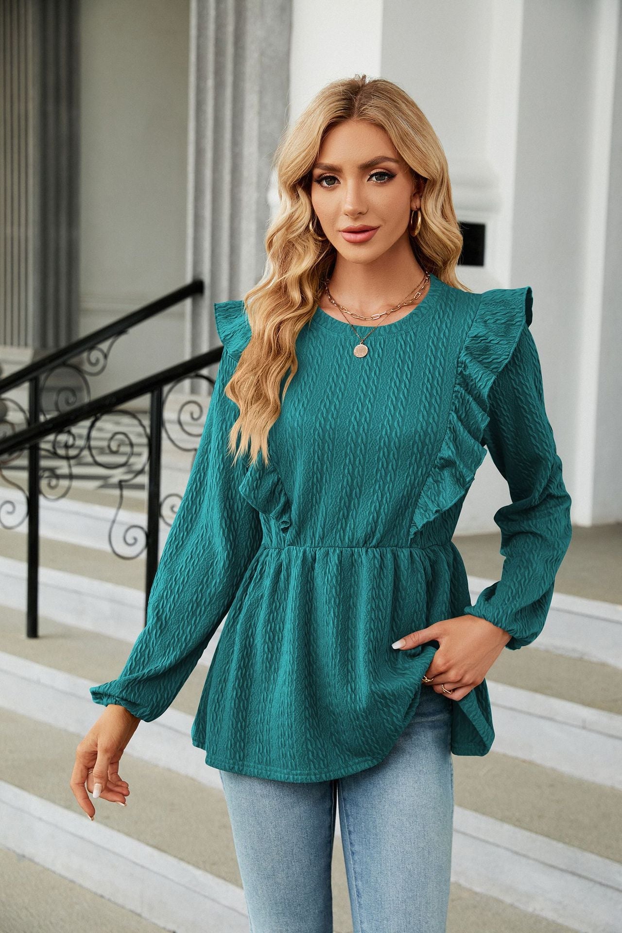 Classic Peacock Blue Long Sleeve Round Neck Ruffle Blouse