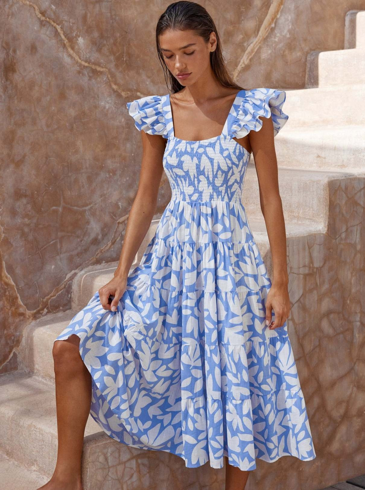 Bohemian Square Neck Short Sleeve Midi Dress