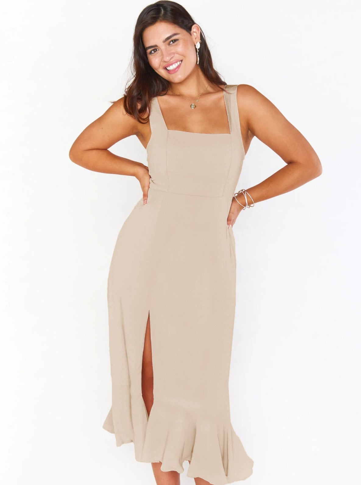 Elegant Solid Color Square Neck Midi Dress