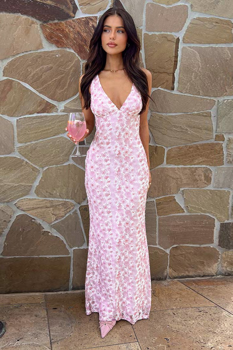 Elegant Pink V-Neck Sleeveless Maxi Dress