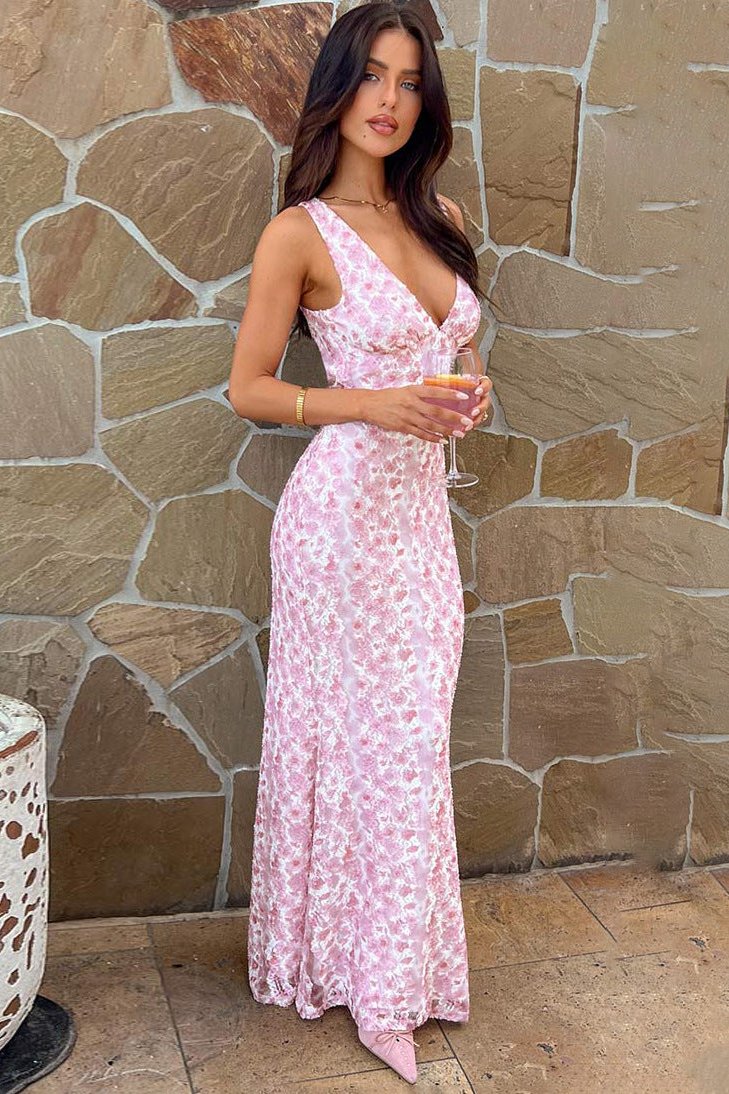 Sexy Pink Deep V-Neck Backless Long Lace Dress