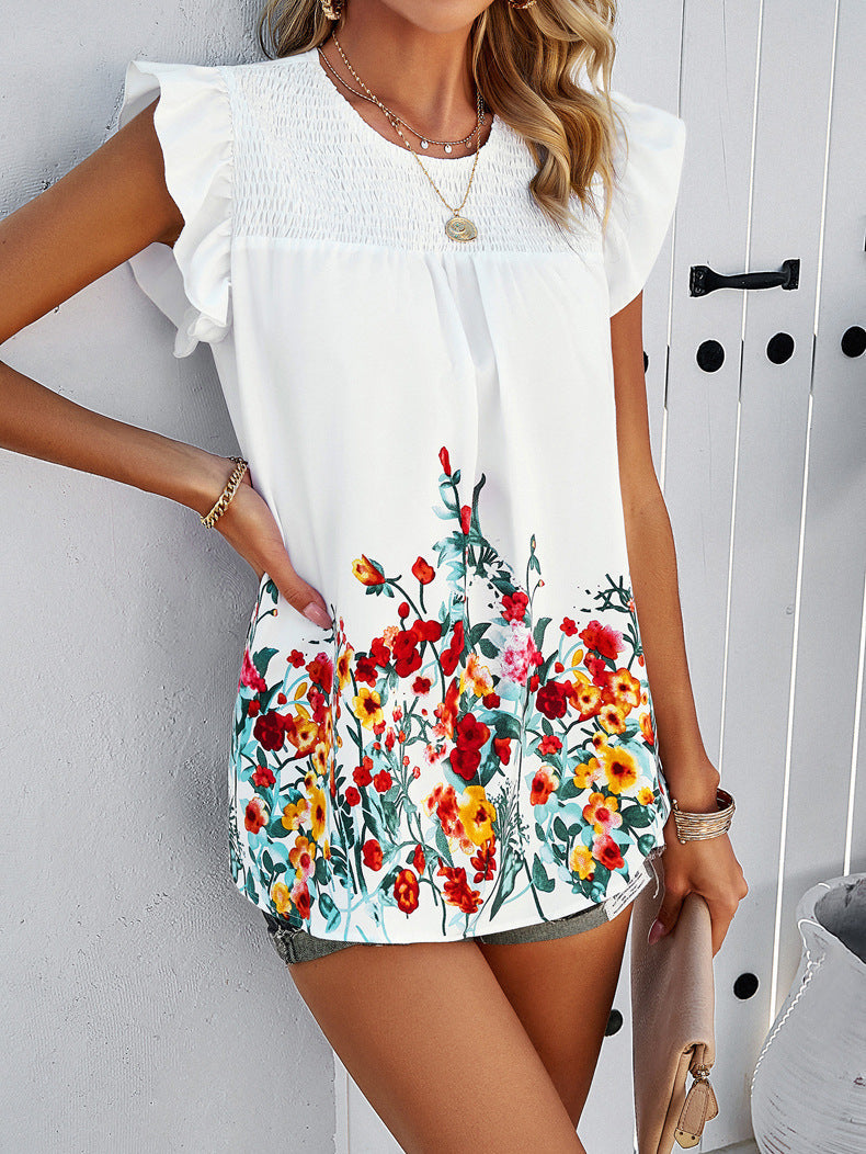 White Round Neck Floral Printed Blouse