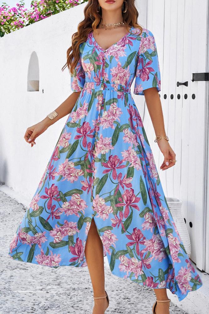 Blue Chic Summer Floral V-Neck Side Slit Midi Dress