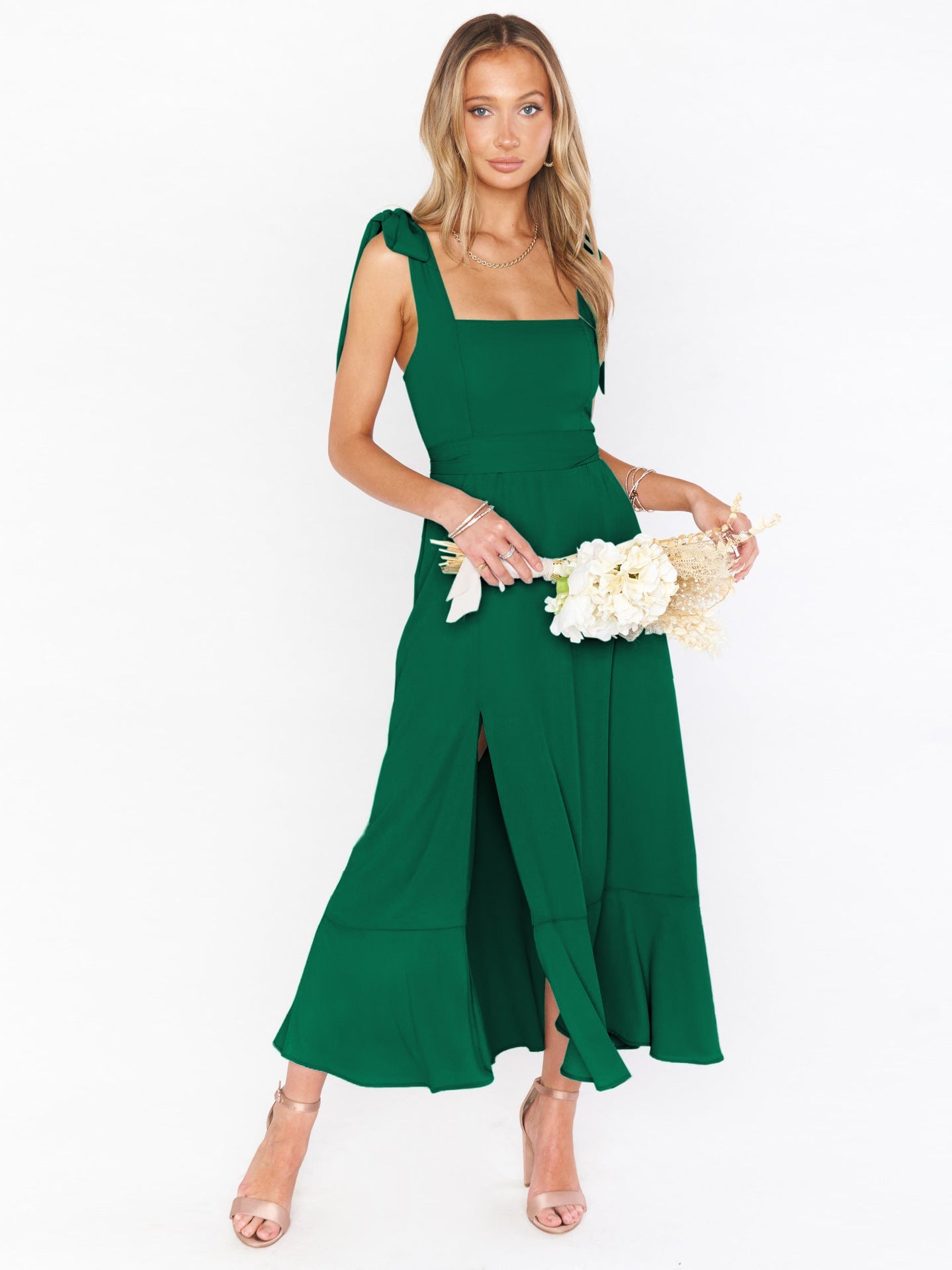 Elegant Solid Color Square Neck Midi Dress