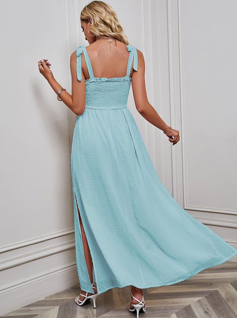 Cute Plain Color Ribbon Shoulder Textured Slit Dress