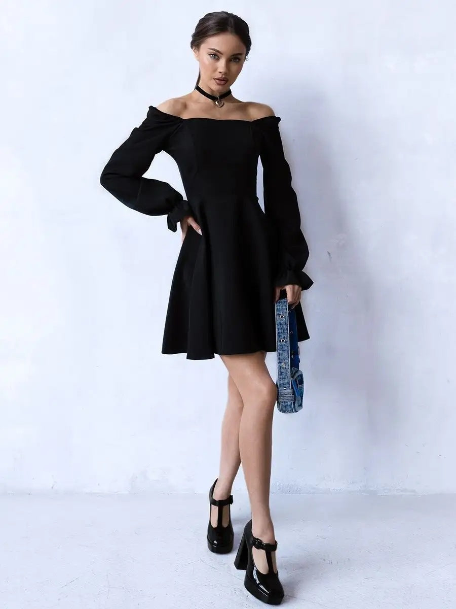 Classy Square Neck Long Lantern Sleeve High Waist Mini Dress