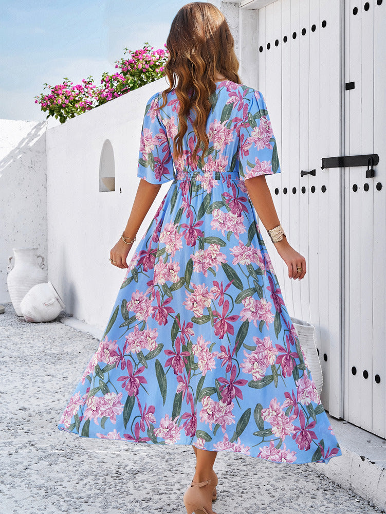 Blue Floral Printed Large Swing Dress