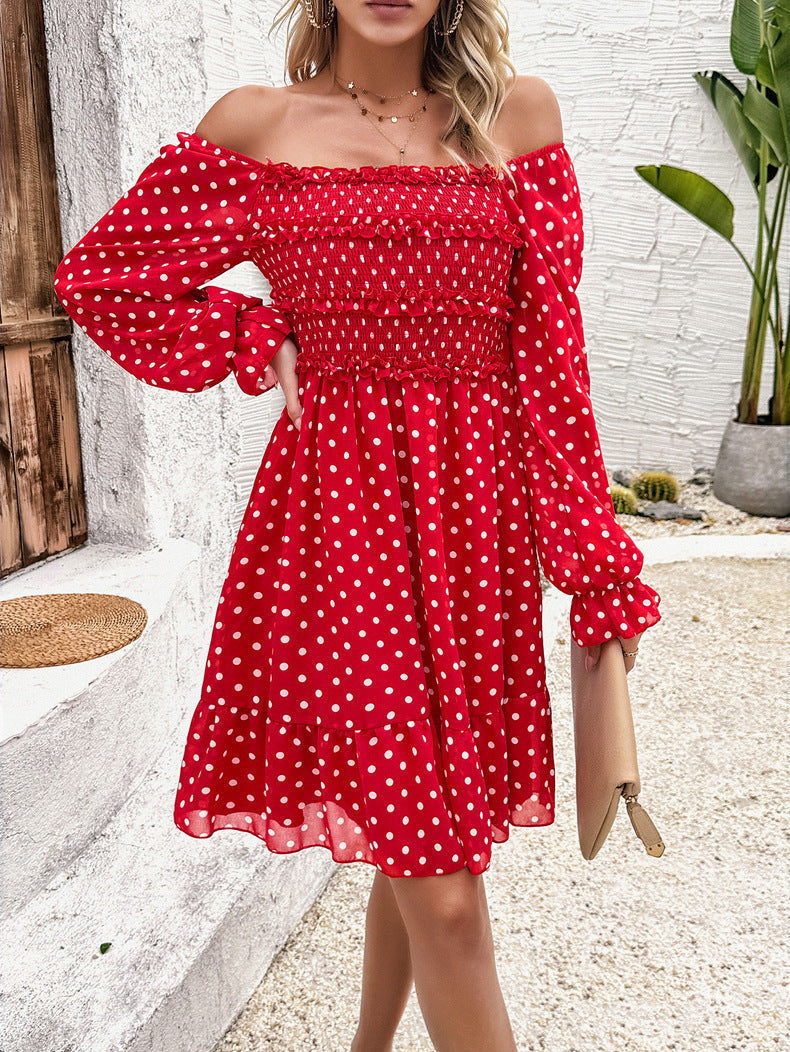 Casual Red Off Shoulder Polka Dot Dress