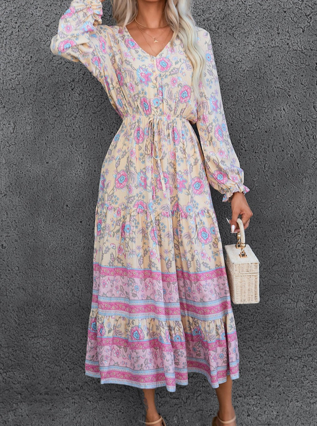 Bohemian Print Long Sleeve Swing Dress