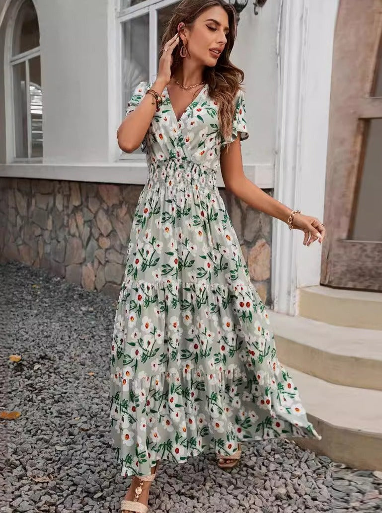 Retro Floral Printed V-Neck Flared Dress