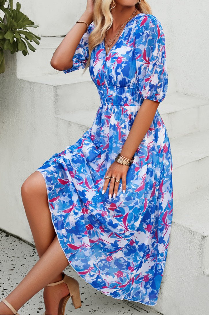 Casual Floral V-Neck Puff Sleeve Midi Dress