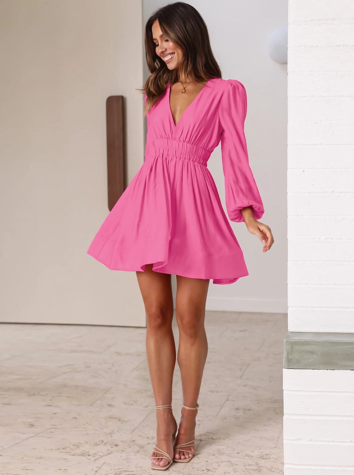 Rose Red Ruffled Sleeve V-Neck Pleated Short Dress