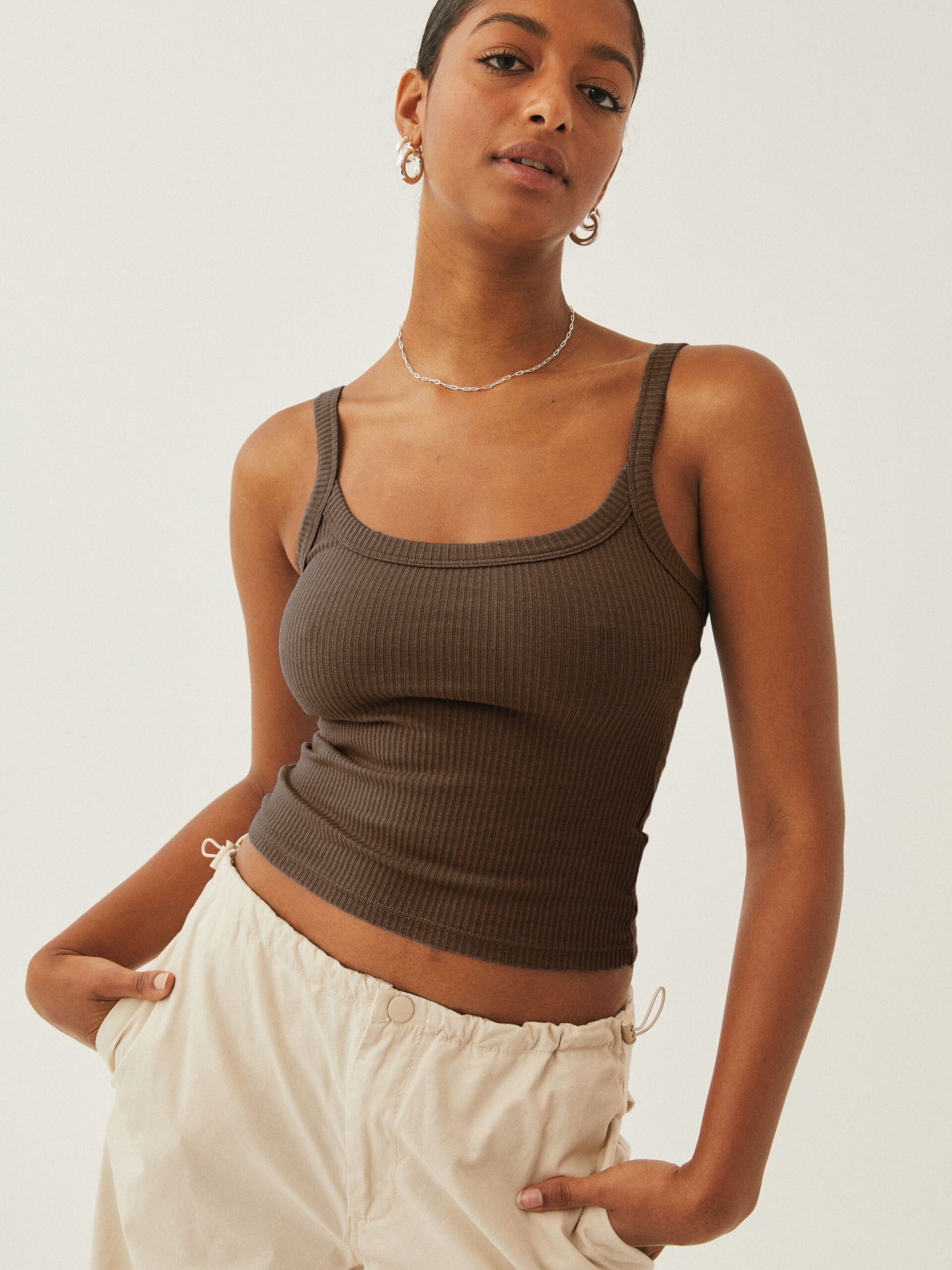 Dark Brown Sexy Knitted Camisole Sleeveless Crop Top