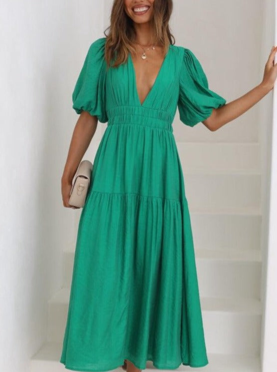 Solid Color Fluff Sleeve V-Neck Pleated Dress