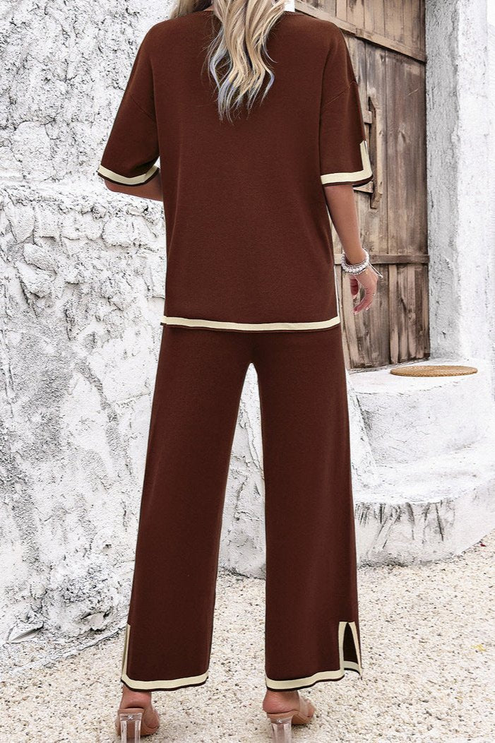 Brown Chic Casual Short Sleeve Knitted Top and Pants Set