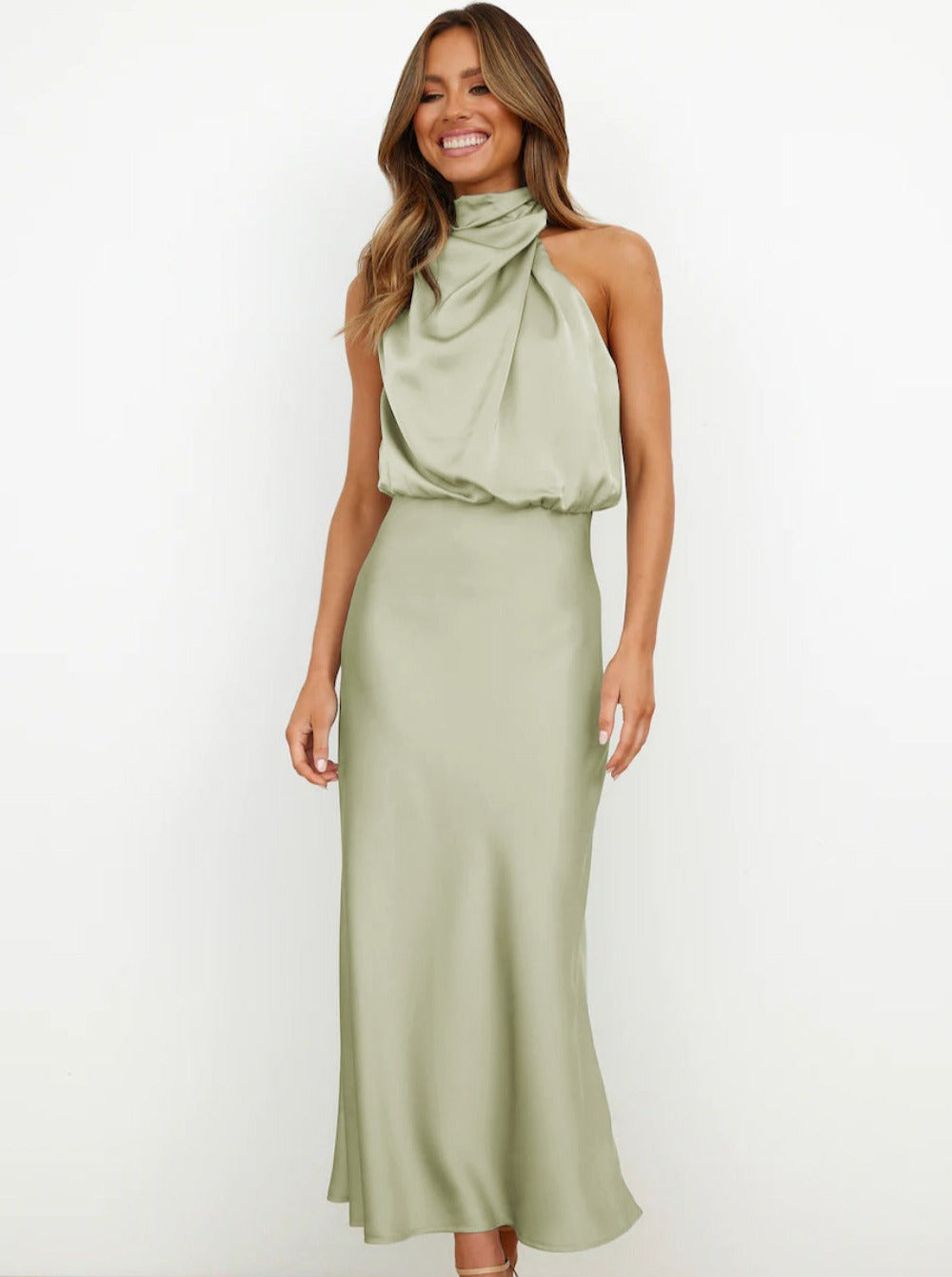 Elegant Light Green Halter Neck Dress