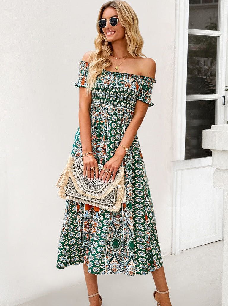 Green Off Shoulder Bohemian Printed Dress