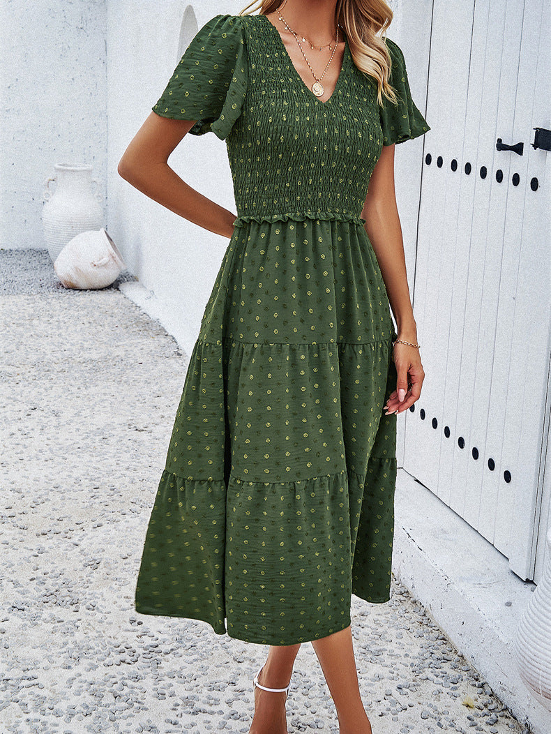 Green Temperament V-Neck Short-Sleeved Dress