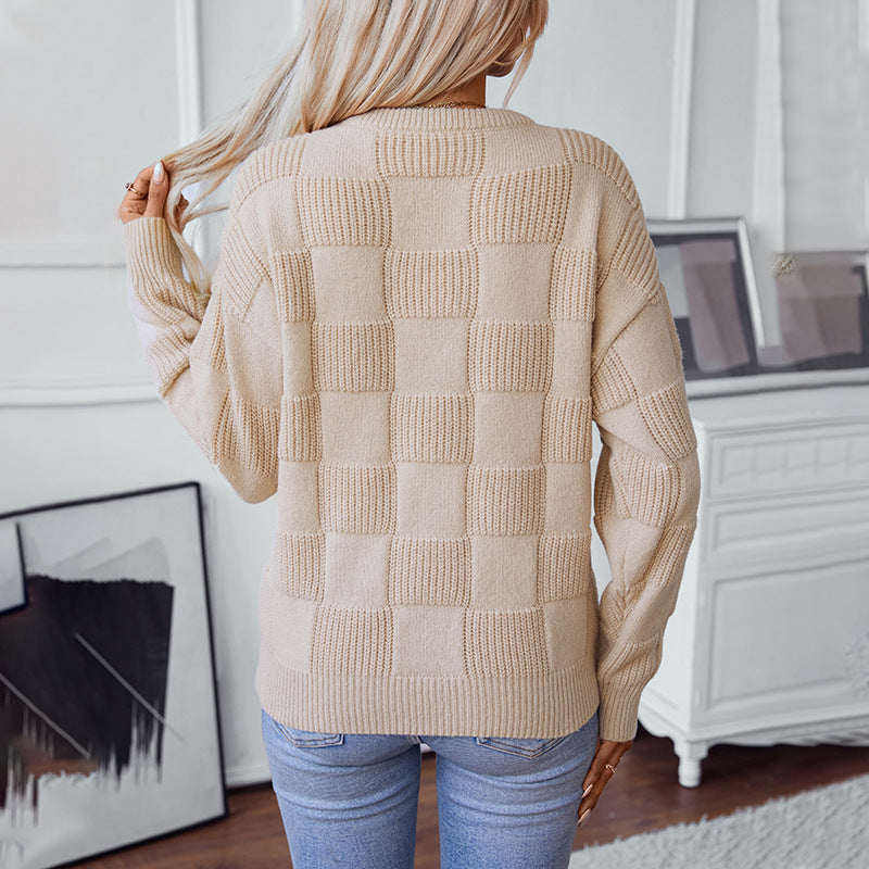 Loose Round Neck Plaid Knitted Pullover Sweater