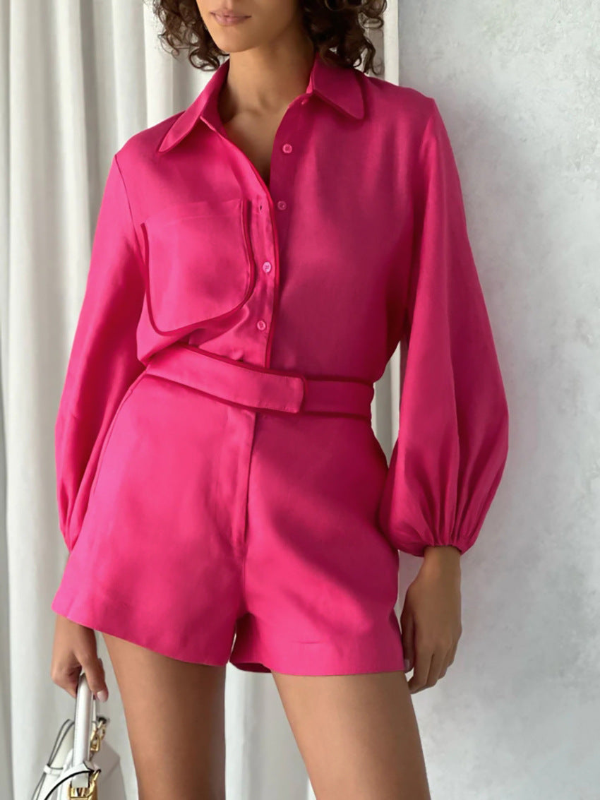 Elegant Buttoned Long Sleeve and Short Set