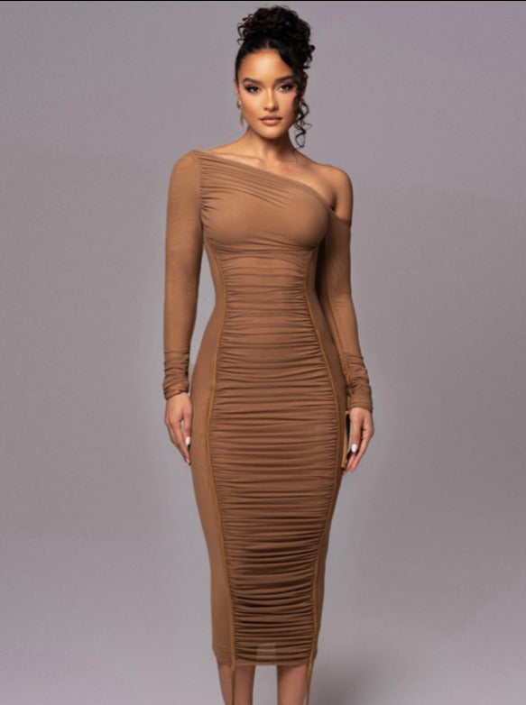 Sexy See Through Cold Shoulder Long Sleeve Bodycon Dress