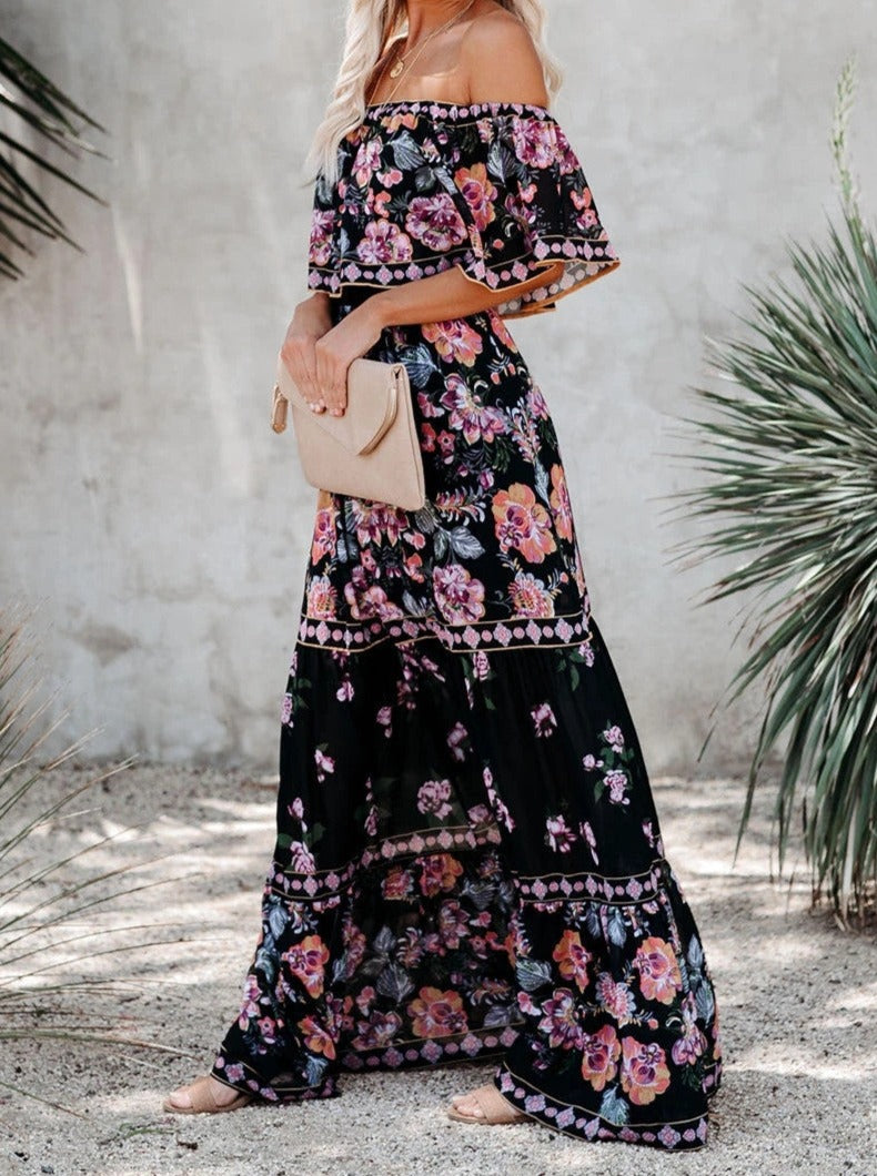 Black Floral Retro Printed Off Shoulder Maxi Dress