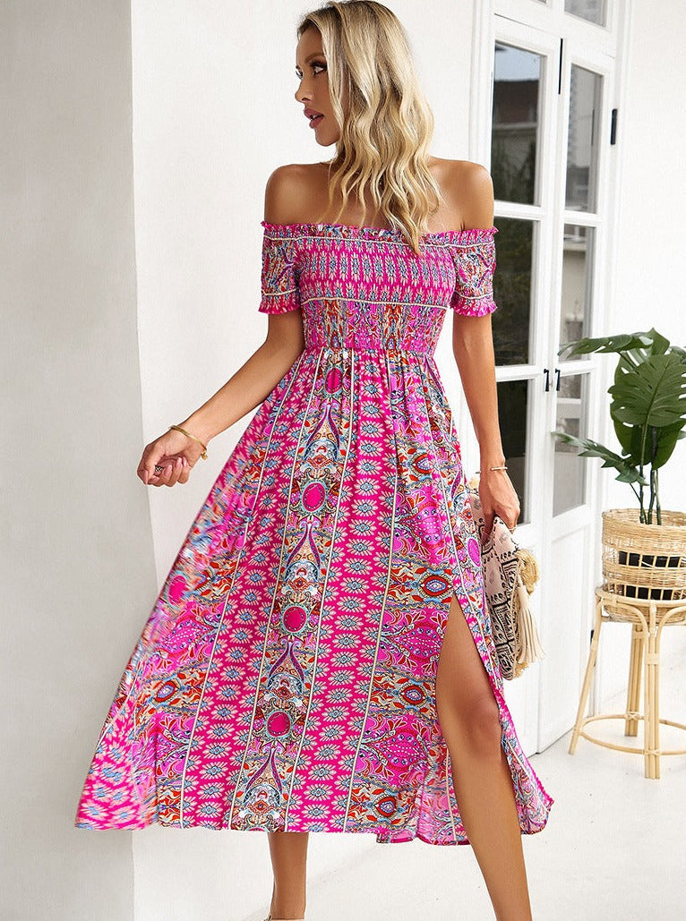 Summer Off Shoulder Bohemian Slit Midi Dress