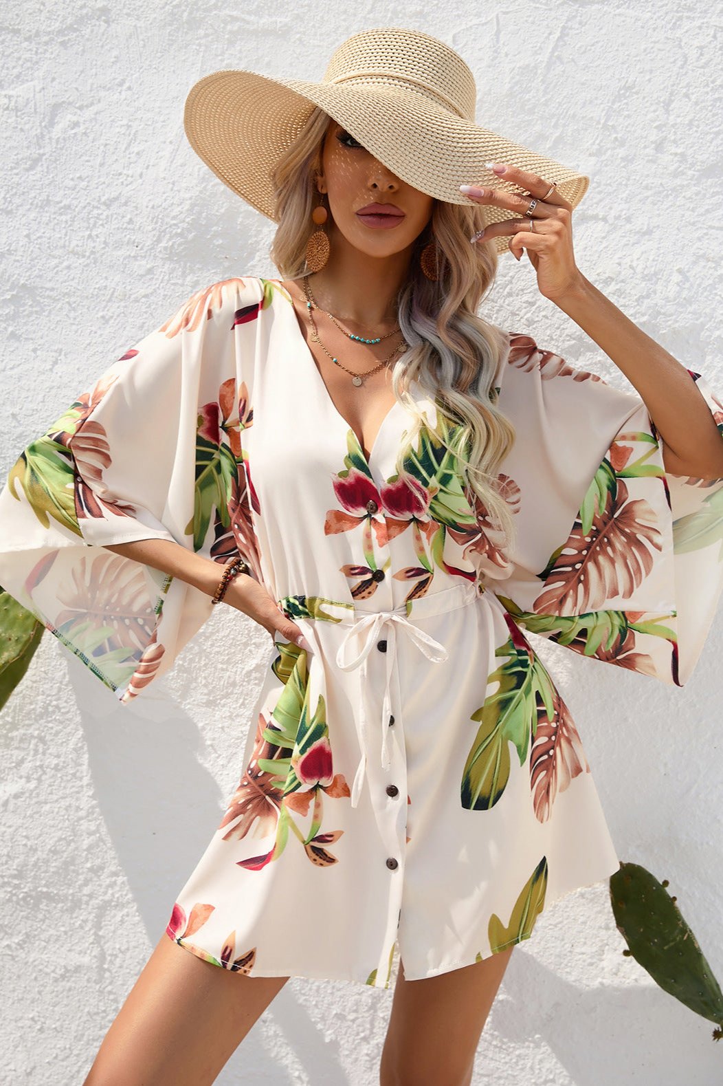 Floral Boho Damen Kimono Playsuit Kurzärmelig - Sommer Strandmode Jumpsuit Bunt