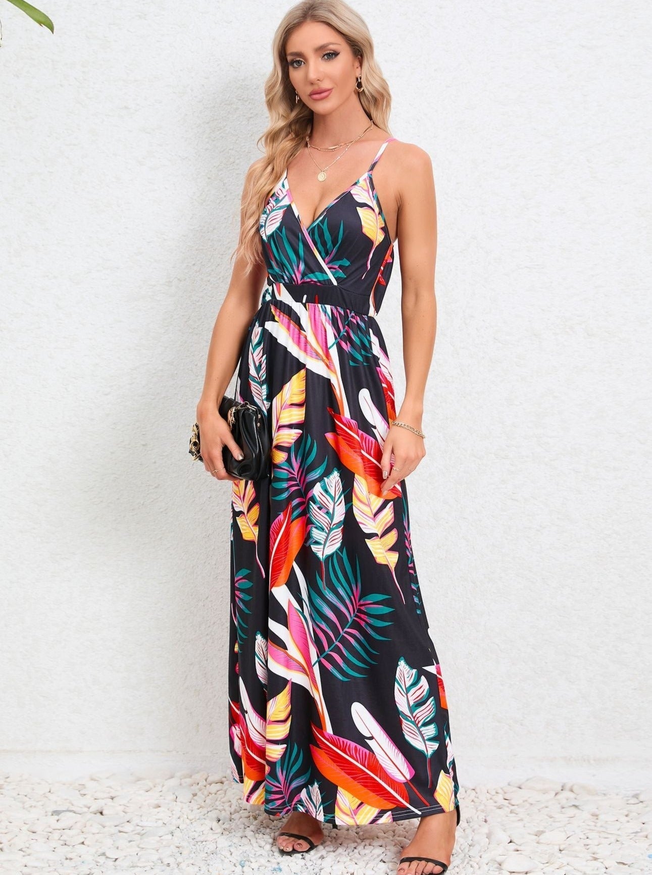 Black Tropical Printed Long Dress