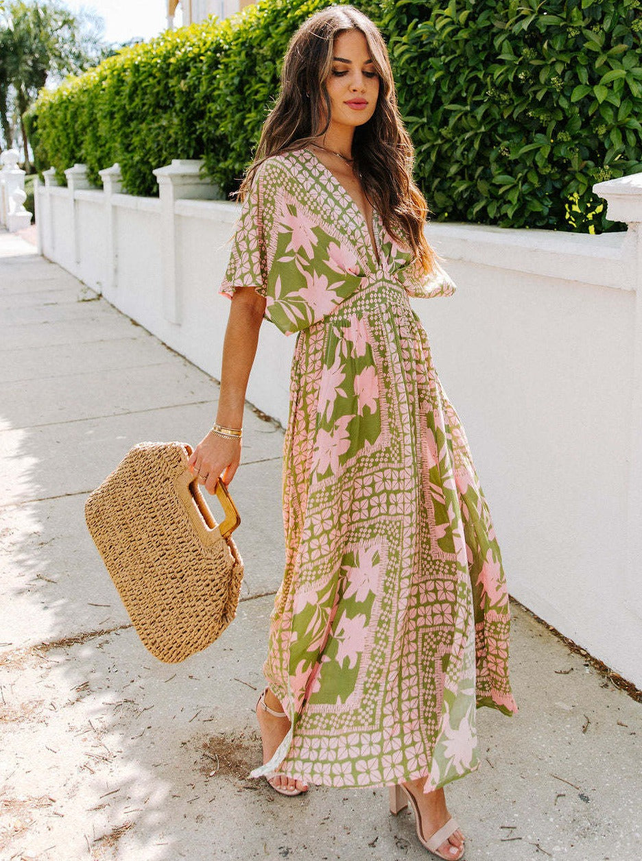 V-Neck Printed Loose Slit Dress