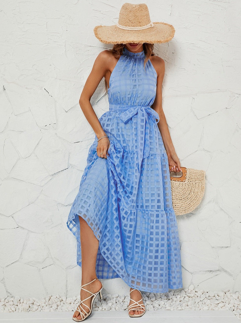 Blue Halter Mesh Belted Maxi Dress