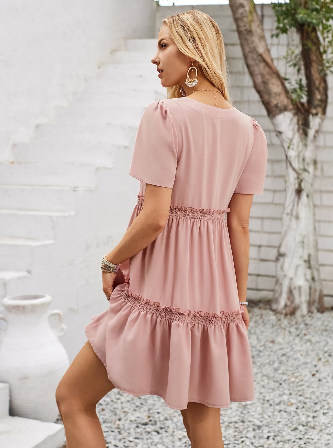 V-Neck Short Sleeve Smocked Ruffle Dress