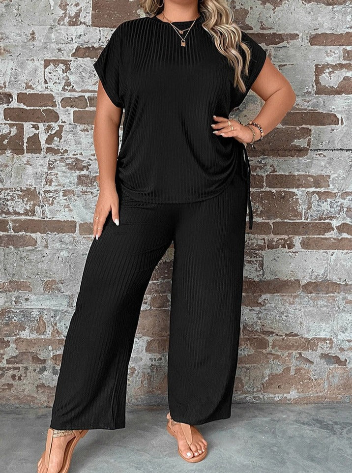 Two Piece Plus Size Short Sleeve Sexy Wide Leg Pants