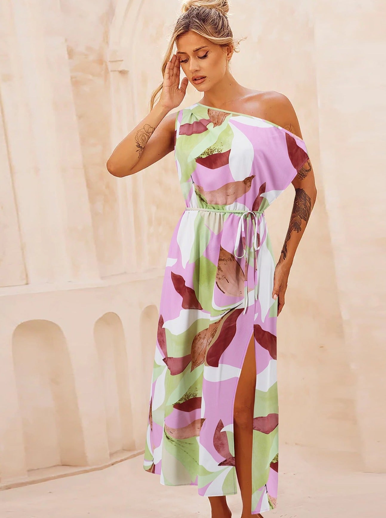 Floral Print Slant Shoulder Belted Long Dress