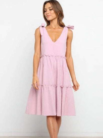 Solid Color Tie Shoulder Layered Dress