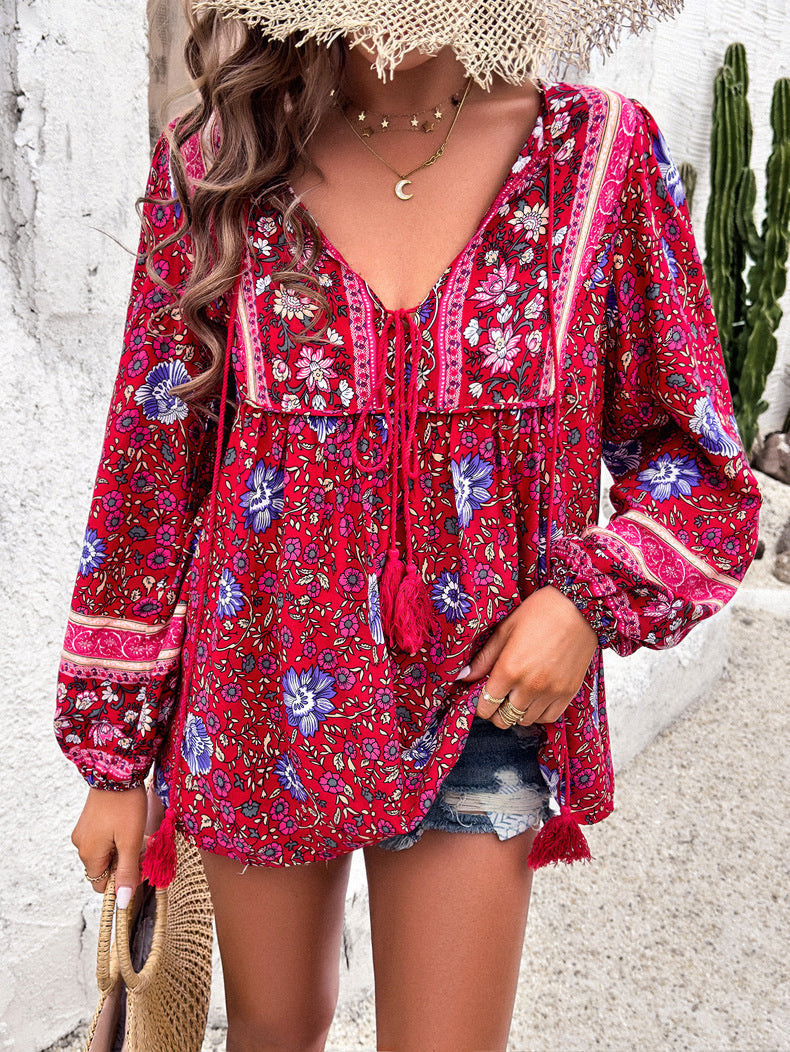 Red Retro Floral Printed Tassel Shirt