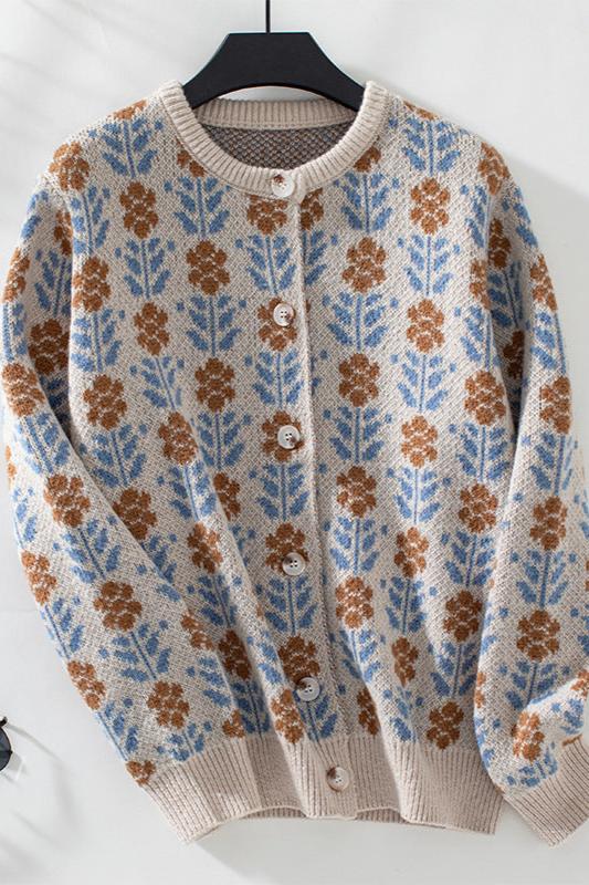 Long Sleeve Floral Buttoned Knitted Sweater