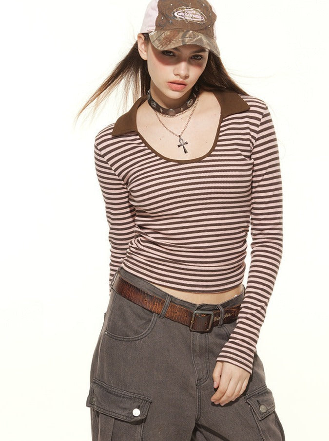 U-Neck Striped Wrinkled Design Long-Sleeved T-Shirt