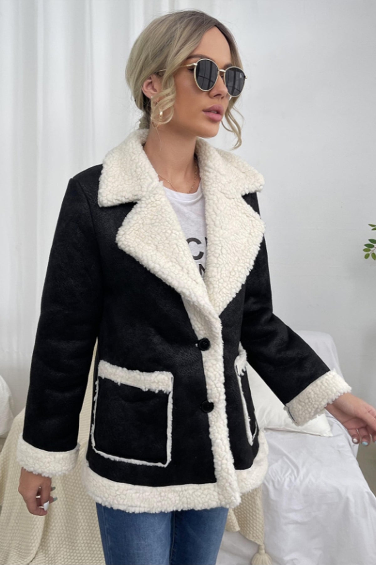 Trendy Black and White Faux Shearling Blazer