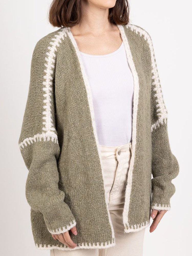 Oversize Strickjacke Damen, Grobstrick Cardigan mit Kontrastdetails